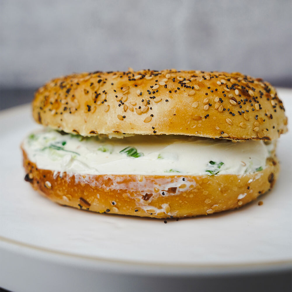 A delicious bagel sandwich prepared by bagel shop near Court Square, Queens, New York.