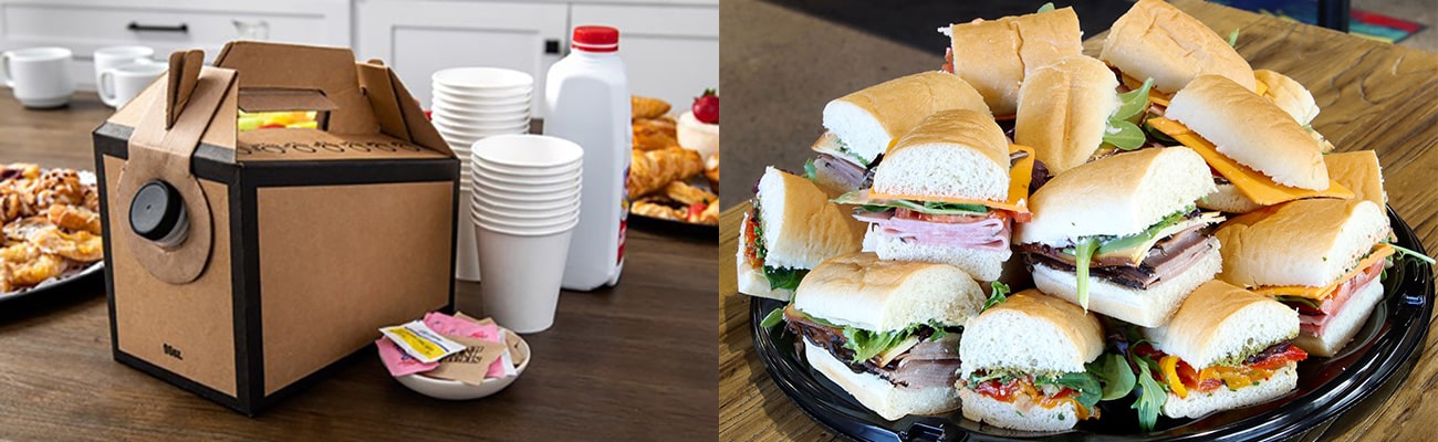 Split image of coffee setup and sandwich platter for our event food catering service near New York City.